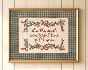 Plaid Christmas Quote Print: Most Wonderful Time Of The Year | Holiday Typography Wall Art | Country Cottage Winter Decor | Digital Download