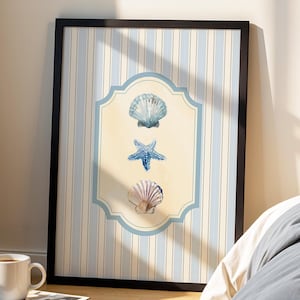 Soft Blue Seashell & Starfish Striped Wall Art, Coastal Watercolor Grandmillennial Ocean Decor, Mediterranean Nautical Beach House Printable