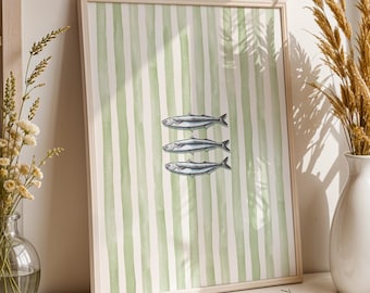 Sardines On Sage Green Stripes Watercolor Print, Retro Kitchen Decor, Minimalist Fish Printable, Vintage Kitchen Wall Art, Fish Decor Art