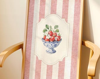 Chinoiserie fraise bol de fruits art mural vintage, impression de ferme de campagne Français, art de cuisine à rayures rouges, décoration botanique de cottage rustique