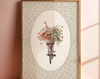 Vintage Bicycle Floral Wall Art – Cottagecore Farmhouse Bike With Wildflowers Basket, Rustic Spring Botanical Print, Rococo Garden Aesthetic