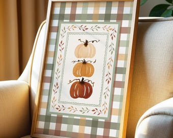 Arte mural otoñal con acuarela de calabaza vintage, imprimible rústico de cocina con cuadros vichy otoñales, decoración de Acción de Gracias con temática de granja campestre