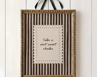 Take A Seat Sweet Cheeks Wall Art | Neutral Stripe Funny Bathroom Decor | Toilet Humor Quote Print | Digital Download