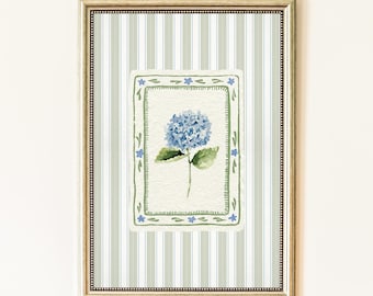 Blue Hydrangea Watercolor Art Print, Modern Southern Floral Green Stripe Wall Art, Grandmillennial Vintage Cottagecore Botanical Printable