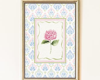Pink & Green Hydrangea Wall Art: Grandmillennial Preppy Cottage Garden Floral Print | Cottagecore Pastel Botanical Decor | Digital Download
