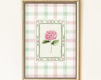 Stampa a quadretti di ortensie rosa cipria e verdi, decorazione murale floreale in stile cottagecore vintage, decorazione floreale a quadretti in stile cottage preppy chic