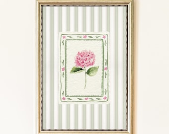 Rosa Hortensie grüner Streifen Wandkunst, Vintage Cottagecore Aquarell Blumen bedruckbar, grandmillennial Pastell Blumengarten Botanischer Dekor