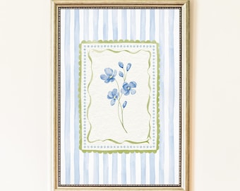 Blaue Blumenwandkunst | Grandmillennial Aquarell Wildblumen Streifen Druck | Landhaus Dekor, Frankreich Digitaler Download