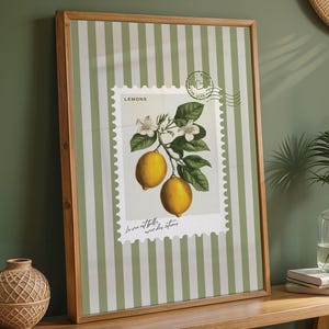 Zitrone Salbei grün Kunstdruck, Botanische Zitrusfrucht Druck, Vintage Briefmarke Poster, moderne Bauernhaus Wandkunst, Retro Küche druckbare