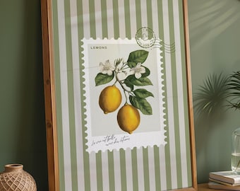Impression d&#39;art citron vert sauge, impression d&#39;agrumes botaniques, affiche de timbre vintage, art mural de ferme moderne, cuisine rétro imprimable
