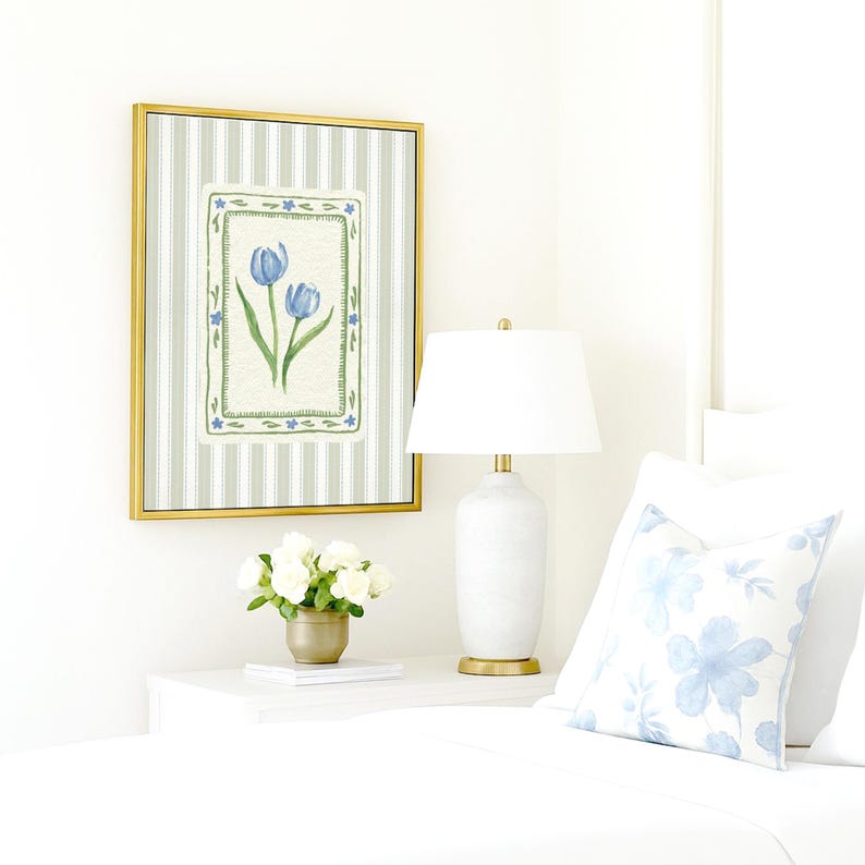 Cottagecore digital wall art featuring twin blue tulips, green leaf stems, and dainty floral frame over a green ticking stripe background