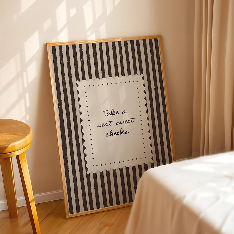 Playful southern bathroom wall art with heirloom stripe background and refined humorous typography