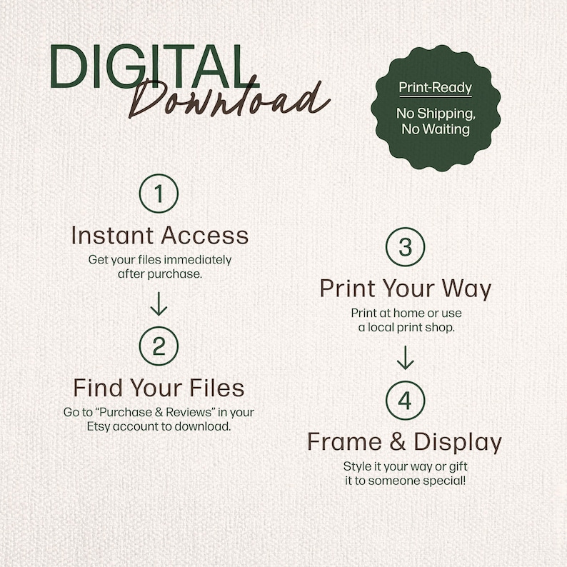 May include: A digital download graphic with instructions. Text includes "DIGITAL Download", "Instant Access", "Find Your Files", "Print Your Way", and "Frame & Display". A green circular badge says "Print-Ready, No Shipping, No Waiting".