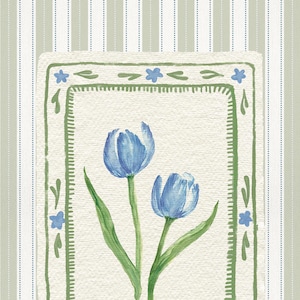 Vintage-style tulip wall decor with soft blue florals and antique green striping, perfect for farmhouse, French cottage, or botanical-themed interiors