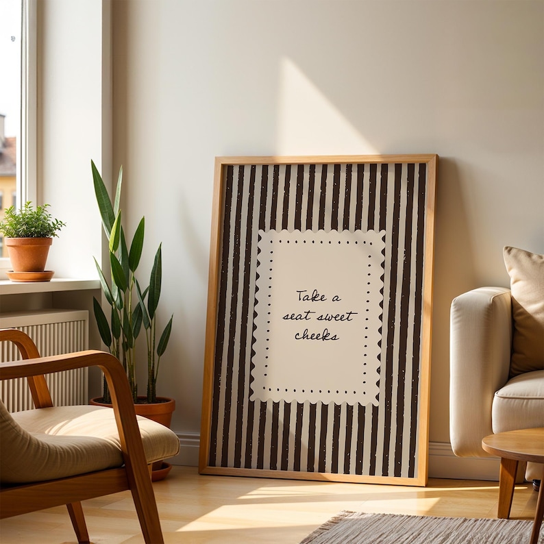 Minimal vintage bathroom quote print with chocolate brown stripes and neutral cream center panel