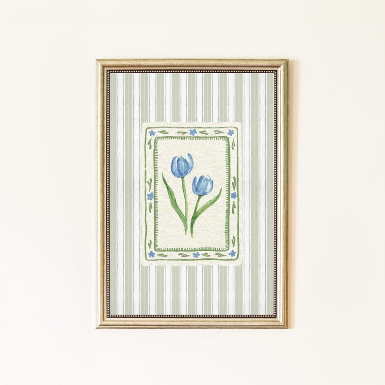 Digital print of blue watercolor tulips with hand-drawn green stems, framed by floral border on vintage green striped background, French cottagecore style