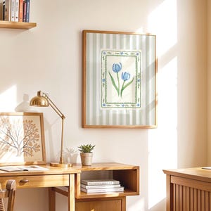 Grandmillennial floral digital art with twin tulip illustration in blue hues, framed with hand-drawn green vine border on sage and white striped background