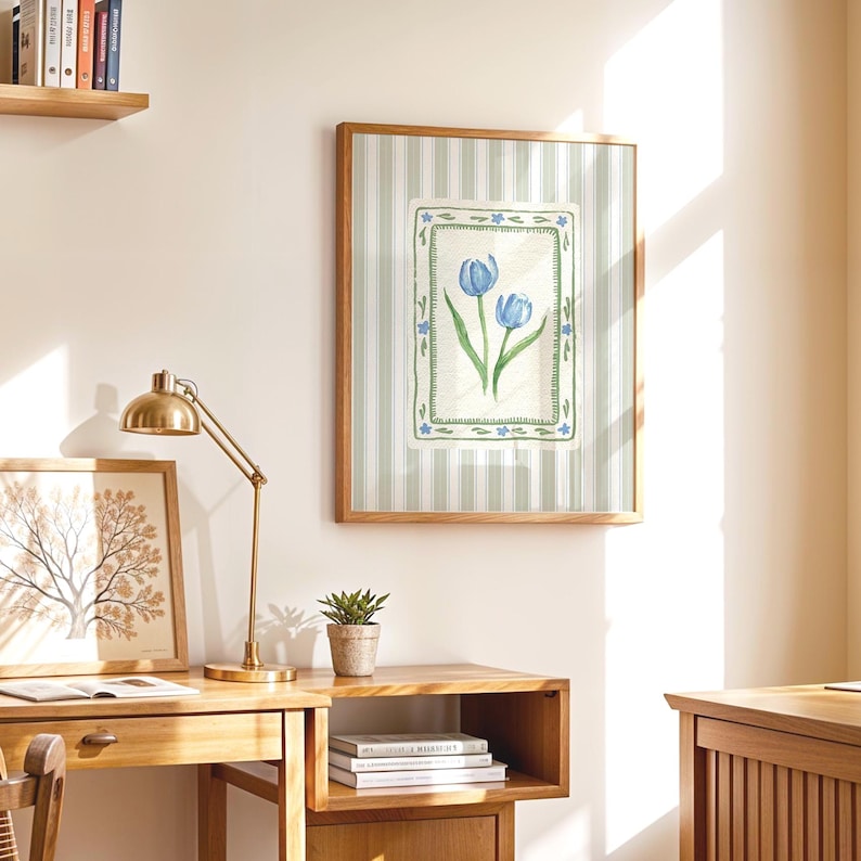 Grandmillennial floral digital art with twin tulip illustration in blue hues, framed with hand-drawn green vine border on sage and white striped background