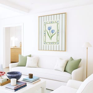 Charming blue tulip floral print with vintage-inspired flower border and vertical green stripes, ideal for French country kitchen or hallway gallery wall
