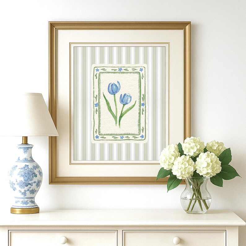 Blue tulip wall art with painterly botanical illustration on heirloom green stripe pattern, perfect for cozy cottage and grandmillennial home decor