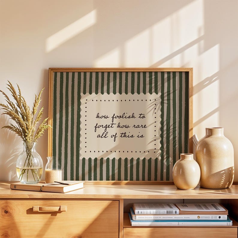 Grandmillennial neutral wall art with vertical olive stripe pattern and thoughtful quote design