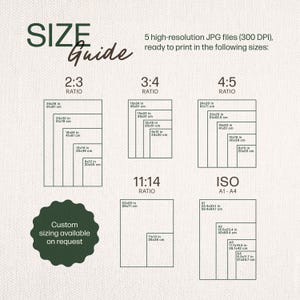 May include: A size guide graphic with dimensions in inches and centimeters for various print ratios, including 2:3, 3:4, 4:5, 11:14, and ISO A1-A4 sizes. The text "Custom sizing available on request" is also included.
