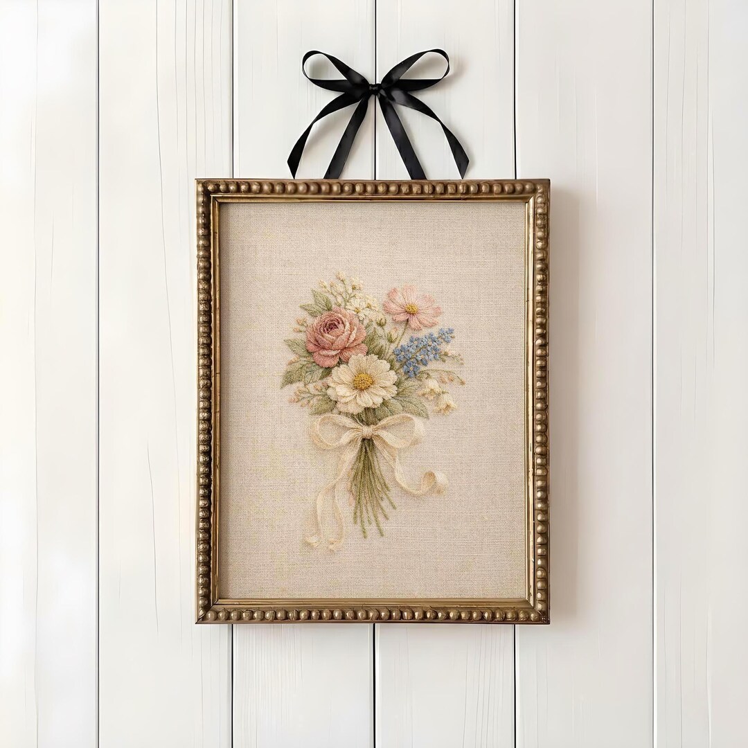Vintage Embroidered Wildflower Bouquet Wall Art | Vintage Cottagecore ...