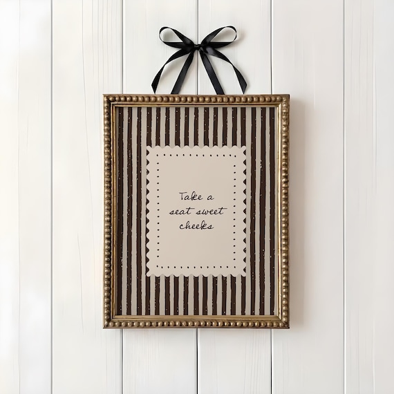 Take A Seat Sweet Cheeks Wall Art | Neutral Stripe Funny Bathroom Decor | Toilet Humor Quote Print | Digital Download