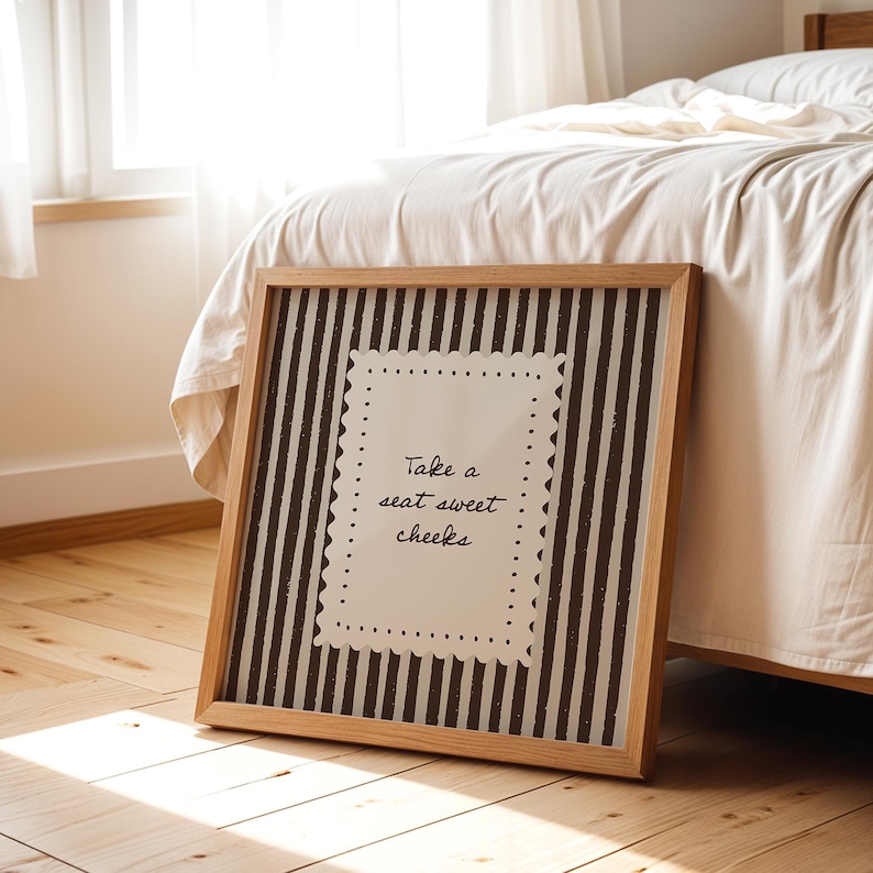 Take A Seat Sweet Cheeks Wall Art | Neutral Stripe Funny Bathroom Decor | Toilet Humor Quote Print | Digital Download