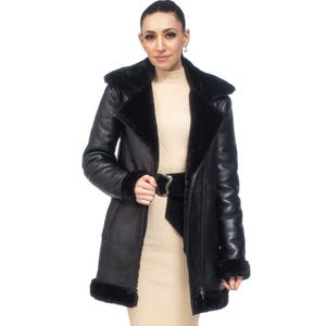 Women&#39;s Sheep Napa Leather Jacket – Fall/Winter Fashion Trench, Long Belted Coat, Fur Collar, Original Lambskin, Stylish & Warm Outerwear