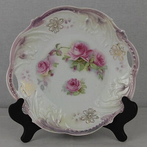 Rare Antique Hand Painted Roses Cabinet 10&quot; Porcelain Plate with Handles - Bavaria