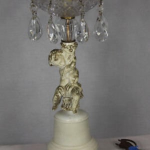 Vintage Lamp with Brilliant Crystal Prisms & Cherub Boy Figurine Holding Torch