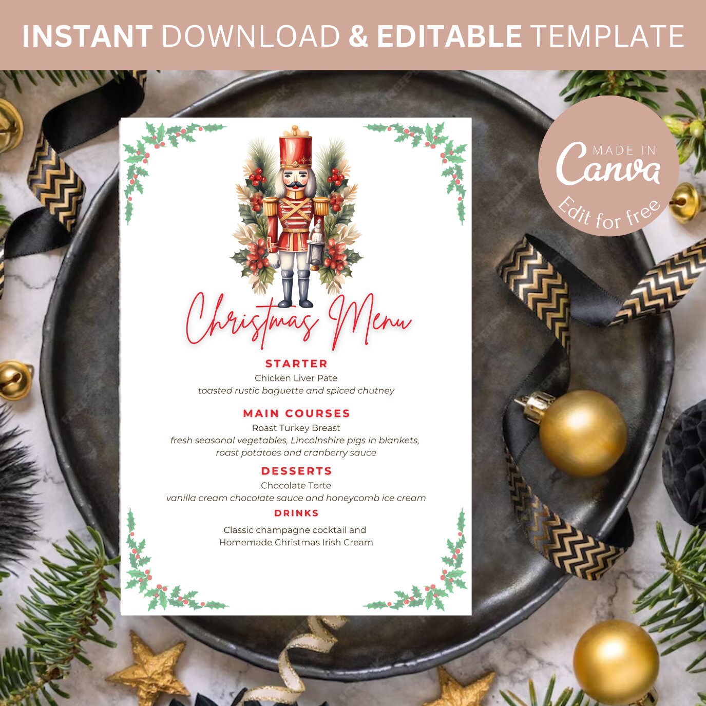 Nutcracker Christmas Themed Dinner Menu, Christmas Dinner Party