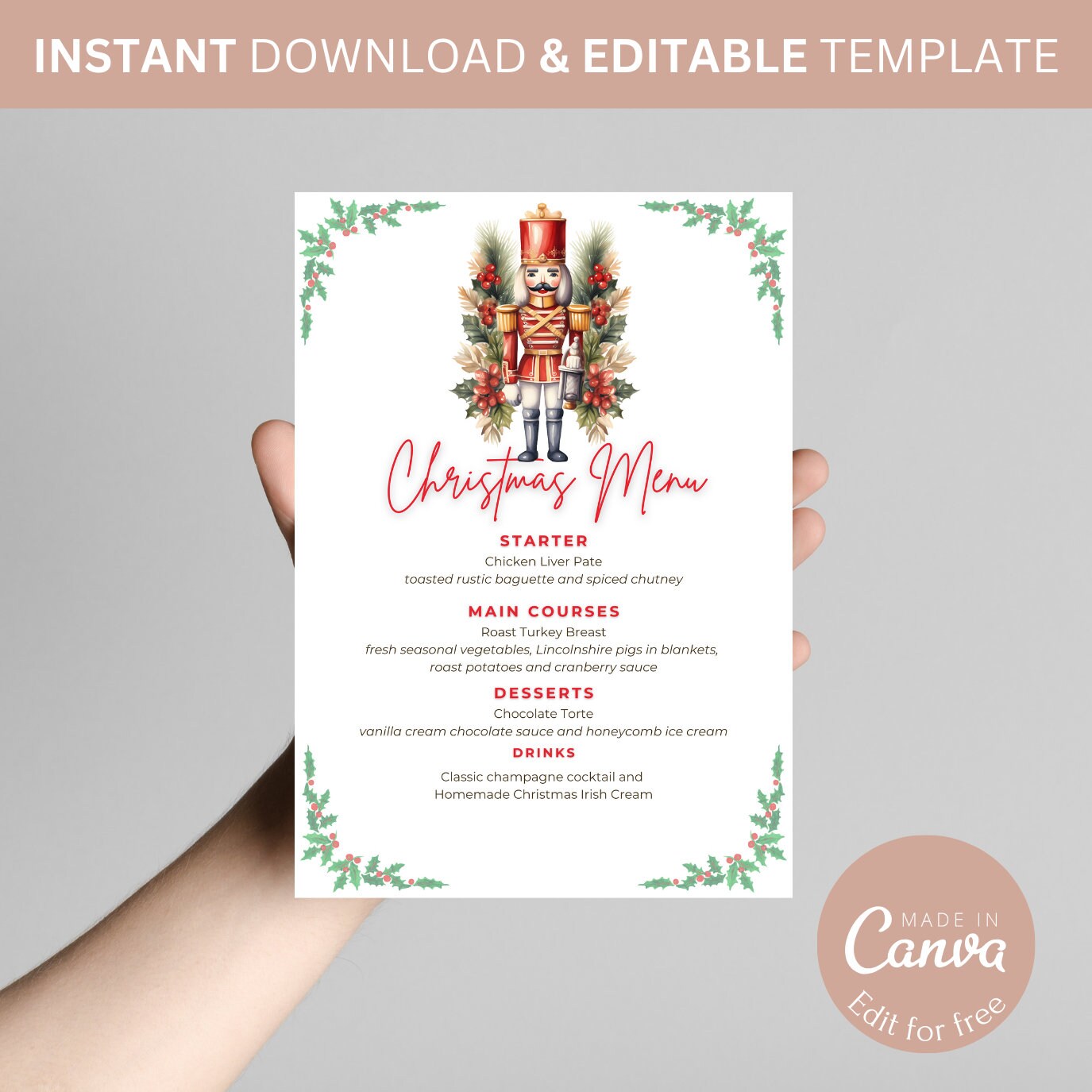 Nutcracker Christmas Themed Dinner Menu, Christmas Dinner Party