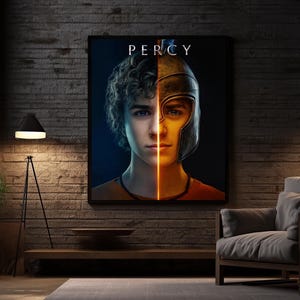 May include: A framed poster featuring the word "PERCY" at the top. The image is split vertically, showing a young person's face on the left and a helmet on the right. The background is a dark, moody interior.