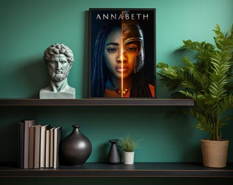 May include: A framed poster with the title "ANNABETH" features a split portrait of a person wearing a helmet. A bust of a man with a beard and a black vase are on a shelf. A potted plant and books are also on the shelf.