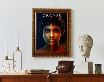 May include: A framed artwork with the title "GROVER" above a portrait of a person with split lighting. The artwork is displayed above a wooden cabinet with decorative items, including a bust, candles, and a camera case.