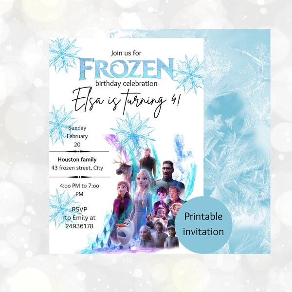 frozen ice themed kids costume birthday party gift invitation card printable winter wonderland celebration princess elsa invite for girls