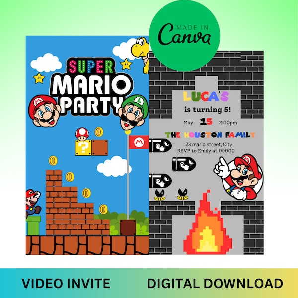 Super mario world kids outdoor garden birthday party video invitation party games with friends animated invite canva digital download