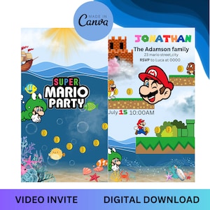 Convite de vídeo super mario editável digital mario bros convite de festa de aniversário personalizado animado super mario irmãos cartão eletrônico festa infantil