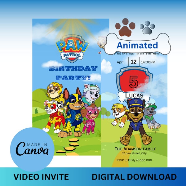 Paw patrol kids costume birthday party video invitation animated digital download garden party invite party games with friends bday presents