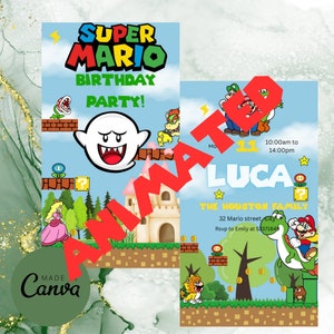 Super Mario World verjaardagsfeestje geanimeerde uitnodigingskaart kinderkostuum buitenfeestspellen verjaardag viering speciale gelegenheid video-uitnodiging