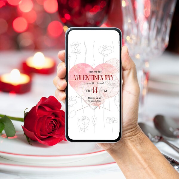 Valentines day romantic dinner date invitation card minimalistic invite for him special occasion mobile invitation for her editable text