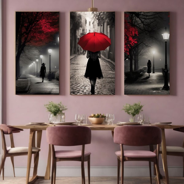 Digital art wall, art home décor, print poster download, landscape printable hi-quality files Girl in Red Umbrella BLACK AND RED