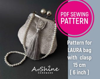 May include: A PDF sewing pattern for a gray Laura bag with a clasp. The bag is 6 inches (15 cm) in diameter and has a pearl chain strap and a tassel. The pattern is available for download.