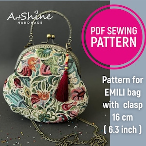 May include: A PDF sewing pattern for an EMILI bag with a clasp. The bag is 6.3 inches in diameter and features a floral fabric design with a red tassel.