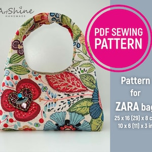 May include: A floral patterned handbag with a curved handle. The bag features a tapestry-like design with red, blue, and green flowers and leaves. The text "PDF SEWING PATTERN" is in a pink circle. The bag measures 10 x 6 (11) x 3 inches.