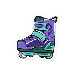 May include: A sticker featuring a stylized illustration of a purple inline skate with teal accents. The skate has a black lace-up design, teal straps, and teal and gray wheels. The design is outlined in black.