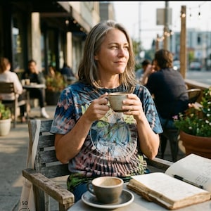 May include: A person seated outdoors at a cafe, holding a ceramic mug. The person is wearing a tie-dye shirt and has a notebook and pen on the table. A second empty mug sits on a saucer.