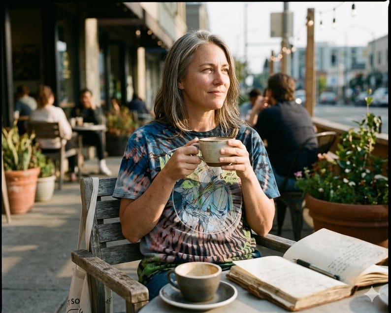 May include: A person seated outdoors at a cafe, holding a ceramic mug. The person is wearing a tie-dye shirt and has a notebook and pen on the table. A second empty mug sits on a saucer.